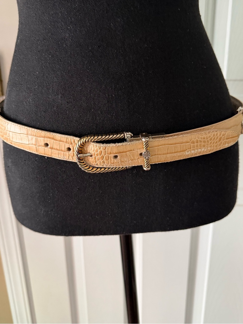 Brighton Beige & White Croc-Embossed Reversible Leather Belt with Gold Buckle